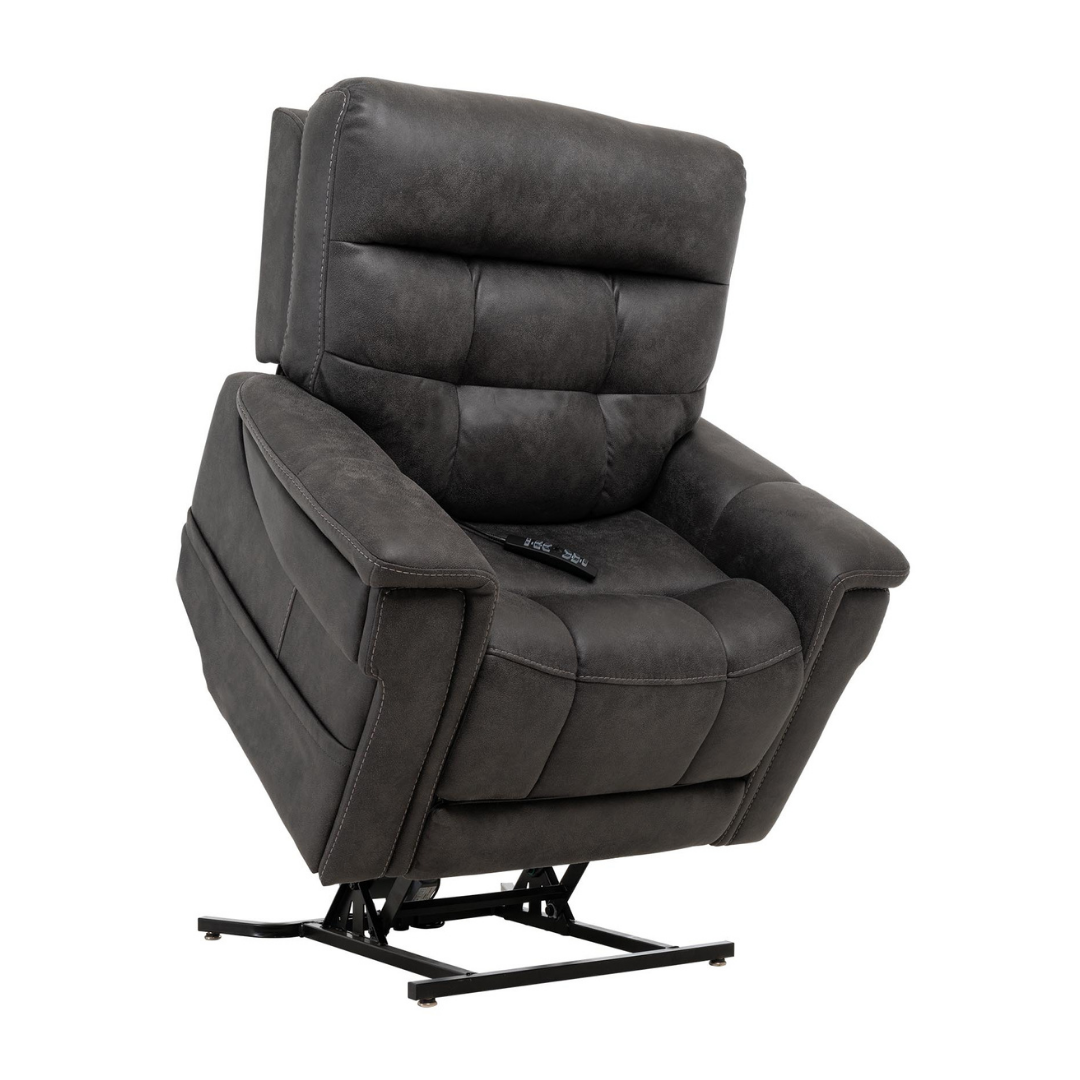 The Pride Mobility VivaLift! Radiance Recliner with Lift Assist & Heat features dark gray upholstery, padded seat, backrest, armrests, stitched details, metal base, infinite positioning for comfort, built-in heat, and a remote control on the seat.